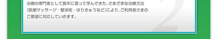 治療の専門家として長年に渡って学んできた、さまざまな治療方法(医療マッサージ・整体術・はりきゅうなど)により、ご利用者さまのご要望に対応していきます。