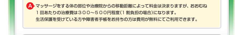 マッサージをする体の部位や治療院からの移動距離によって料金は決まりますが、 おおむね1回あたりの治療費は300~500円程度(1割負担の場合)になります。 生活保護を受けている方や障害者手帳をお持ちの方は費用が無料にてご利用できます。